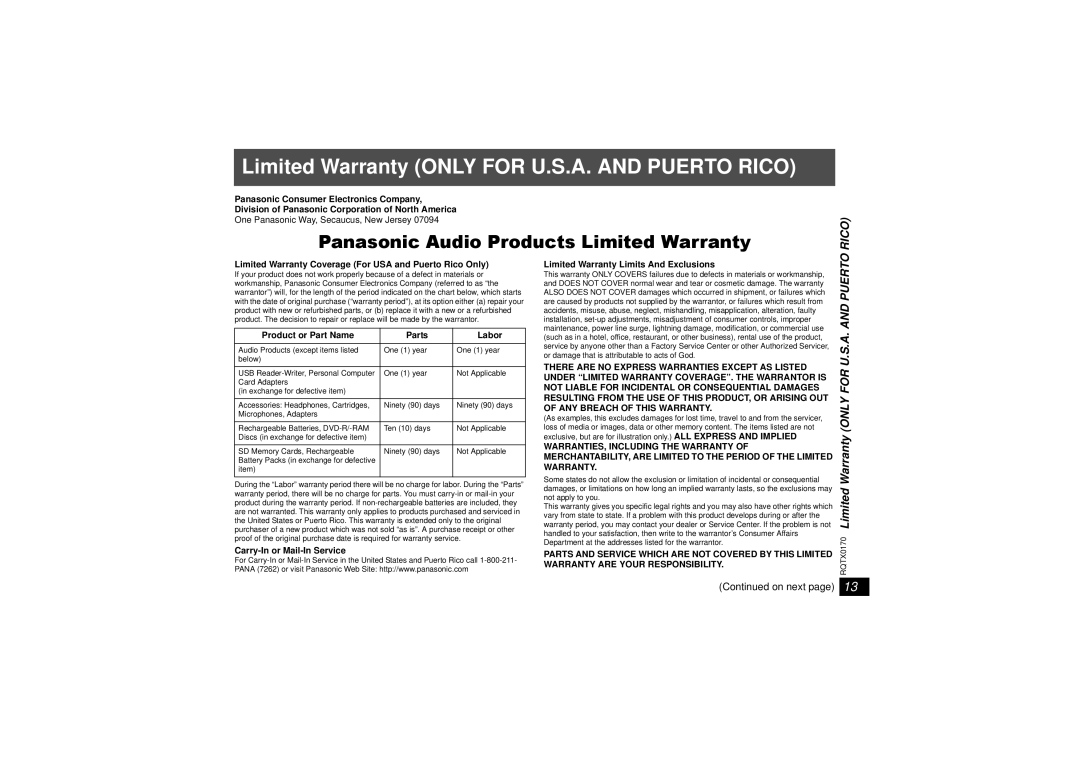 Panasonic SE-FX70 Limited Warranty ONLY FOR U.S.A. AND PUERTO RICO, Panasonic Audio Products Limited Warranty, Rico, Parts 