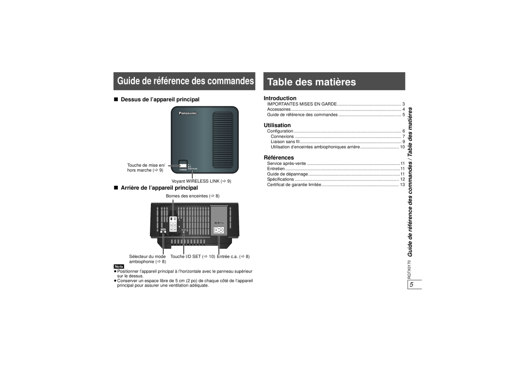 Panasonic SH-TR70, SH-FX70, SE-FX70 operating instructions Table des matières, Guide de référence des commandes 