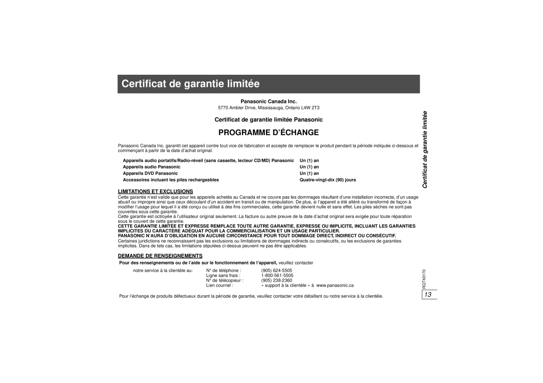 Panasonic SE-FX70 Certificat de garantie limitée, Programme D’Échange, Panasonic Canada Inc, Limitations Et Exclusions 