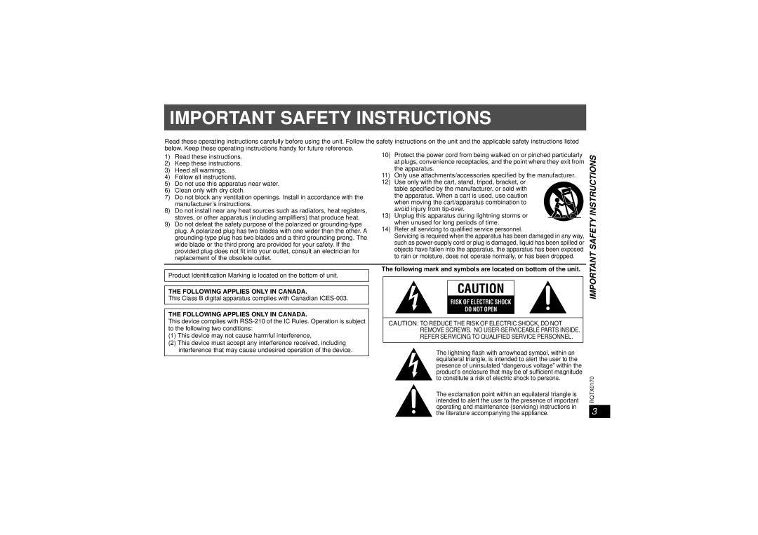 Panasonic SH-FX70, SE-FX70, SH-TR70 Important Safety Instructions, The Following Applies Only In Canada 