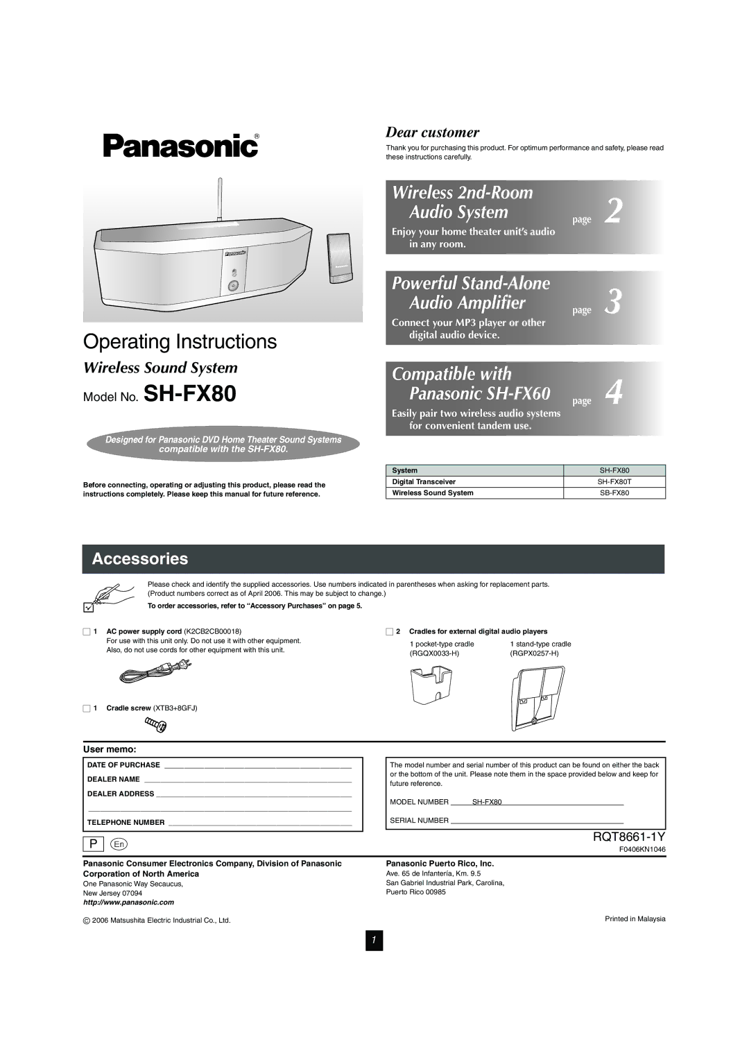 Panasonic SH-FX80 operating instructions Accessories, User memo, ∏ 2 Cradles for external digital audio players 