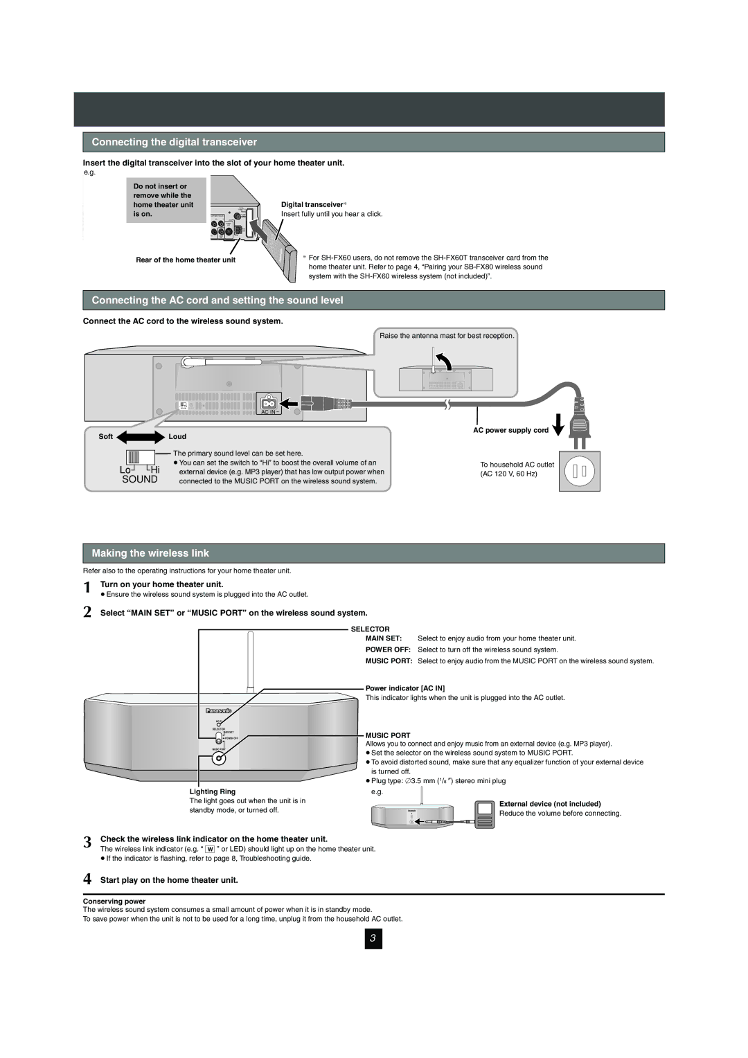 Panasonic SH-FX80 operating instructions Connecting the AC cord and setting the sound level, Making the wireless link 