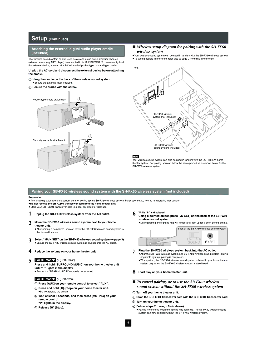 Panasonic SH-FX80 operating instructions Wireless system, Attaching the external digital audio player cradle included 