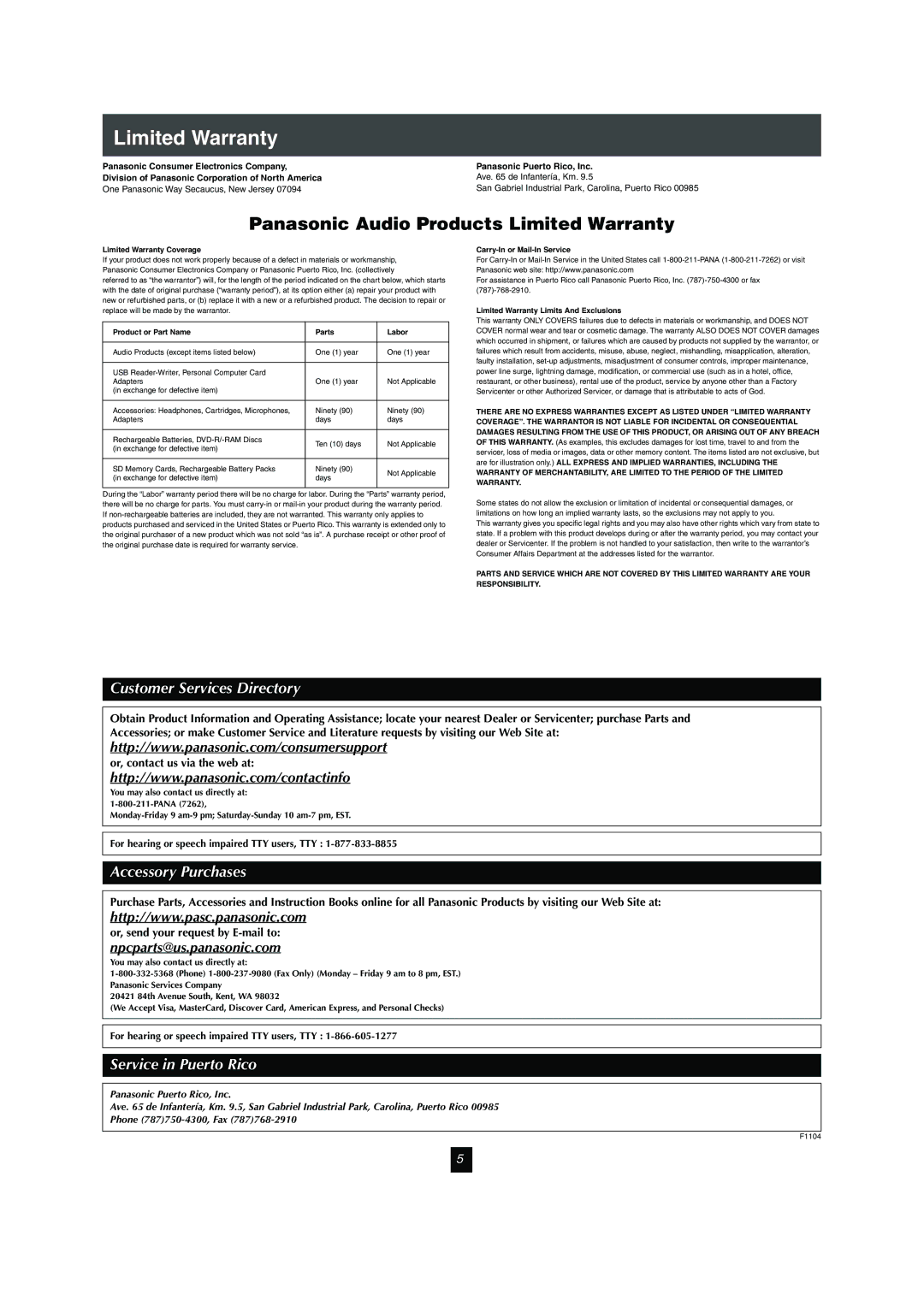 Panasonic SH-FX80 Npcparts@us.panasonic.com, Limited Warranty Coverage Carry-In or Mail-In Service 