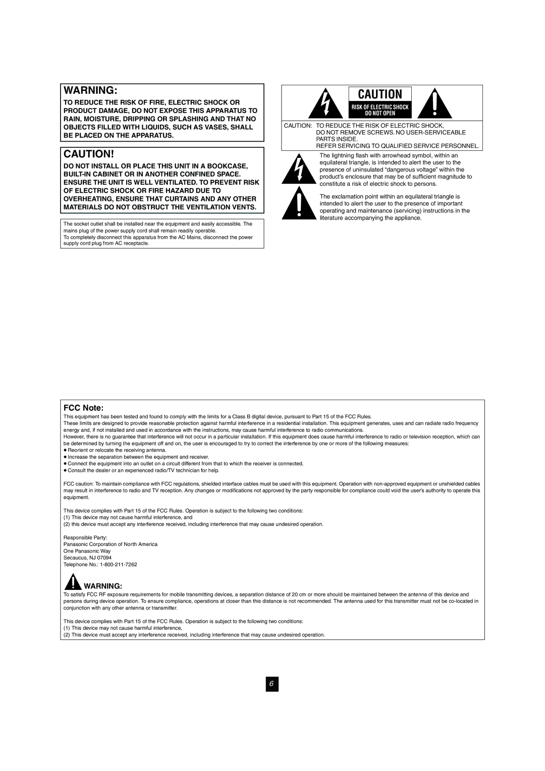 Panasonic SH-FX80 operating instructions FCC Note 