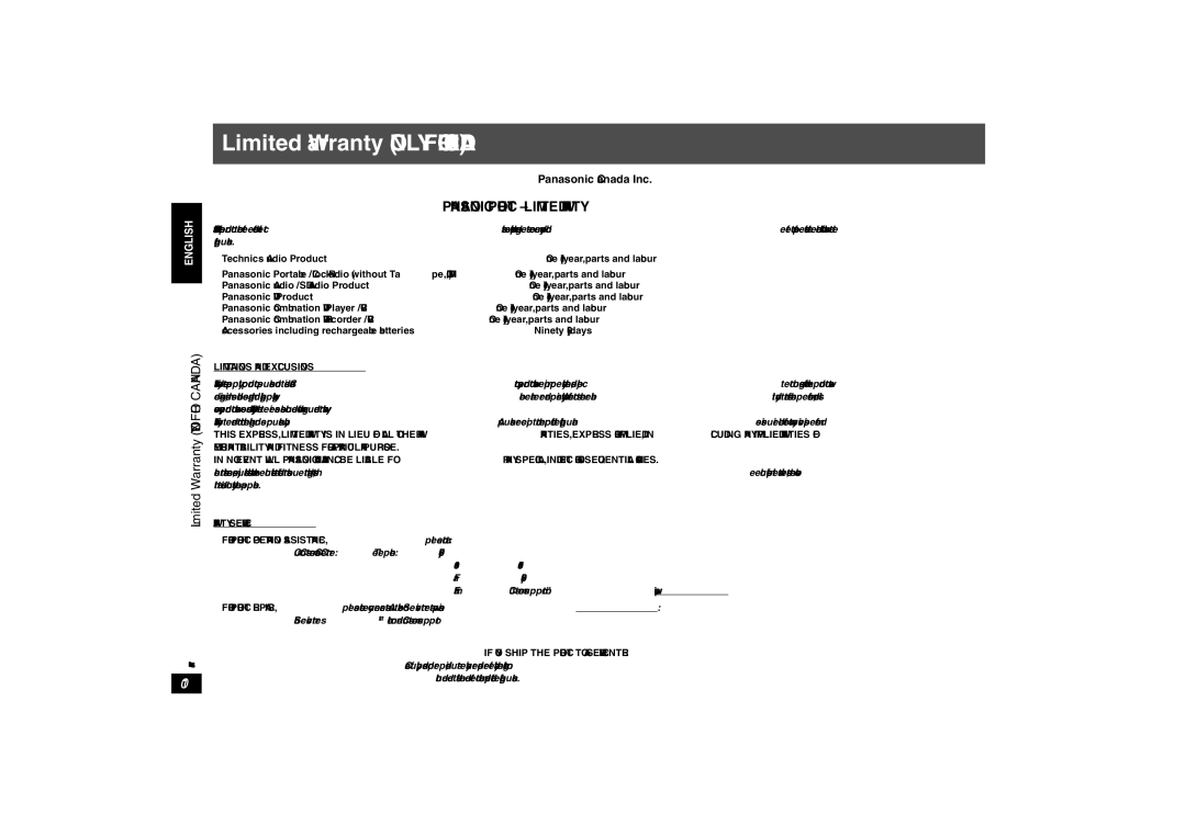 Panasonic SH-FX85 important safety instructions Limited Warranty only for Canada, Panasonic Canada Inc 