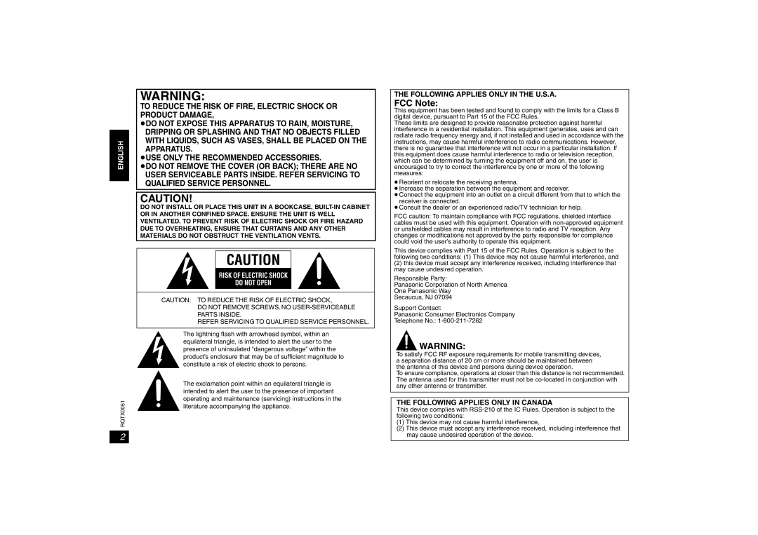 Panasonic SH-FX85 important safety instructions FCC Note, English 