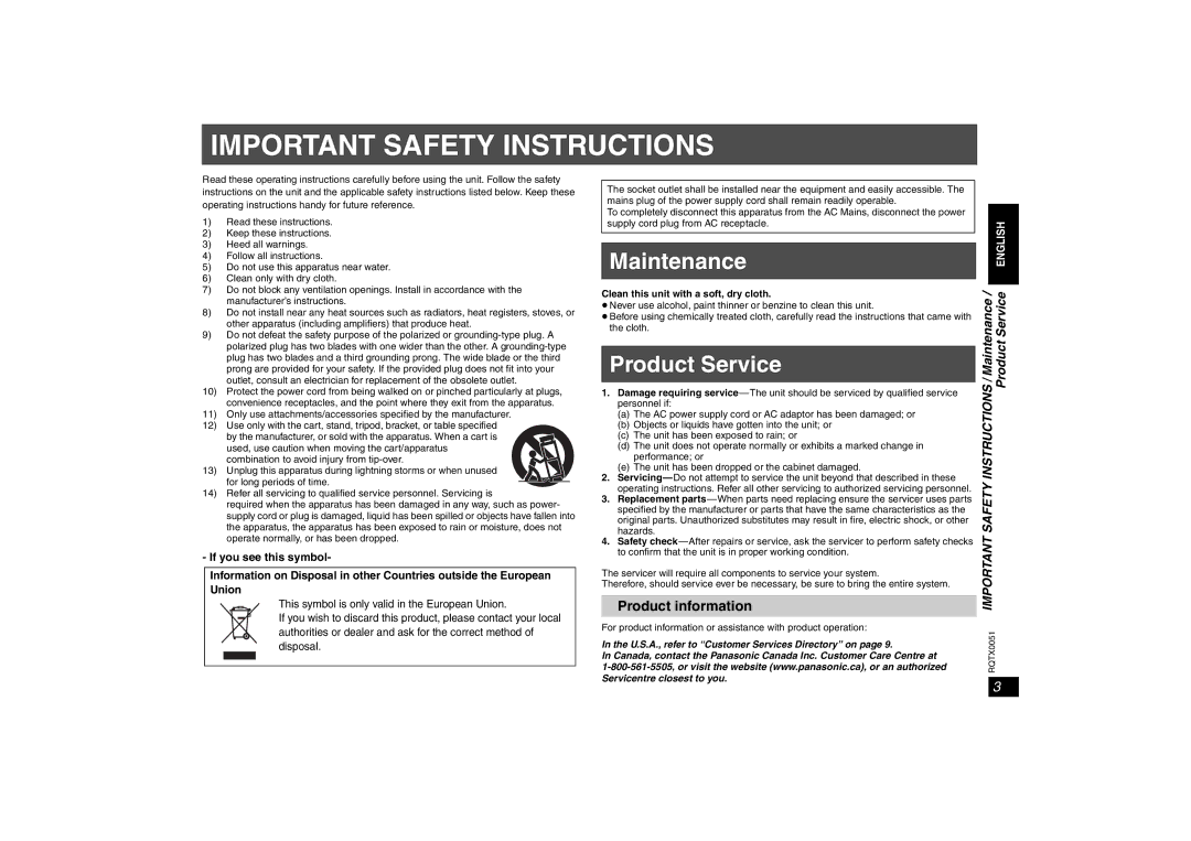 Panasonic SH-FX85 important safety instructions Product information, Instructions / Maintenance Product Service 