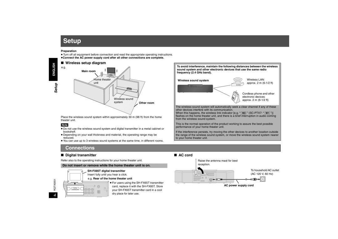 Panasonic SH-FX85 important safety instructions Setup, Do not insert or remove while the home theater unit is on 