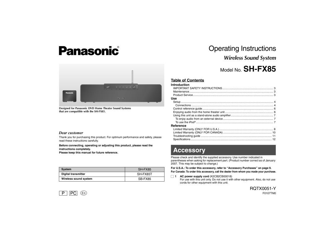 Panasonic important safety instructions Accessory, Table of Contents, Operating Instructions, Model No. SH-FX85, P PC p 