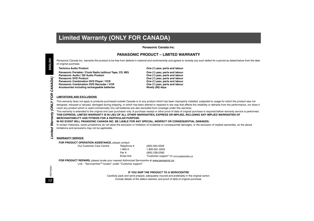 Panasonic SH-FX85 Limited Warranty ONLY FOR CANADA, Panasonic Product - Limited Warranty, English, Panasonic Canada Inc 