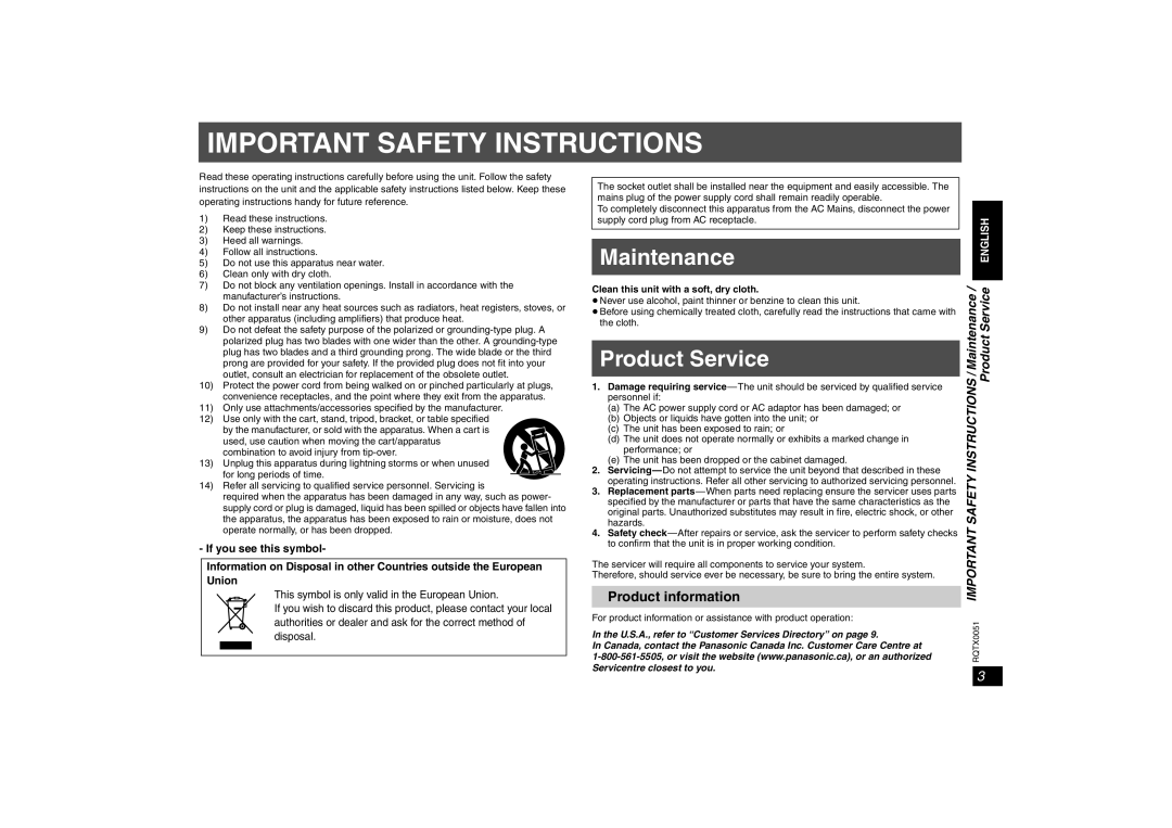 Panasonic SH-FX85 Product Service, Product information, INSTRUCTIONS / Maintenance, Important Safety, English 