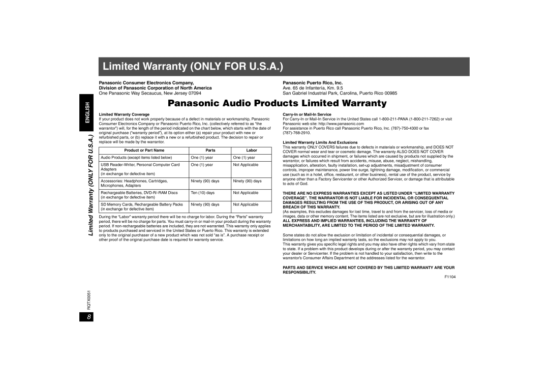 Panasonic SH-FX85 Limited Warranty ONLY FOR U.S.A, Panasonic Audio Products Limited Warranty, English, Parts, Labor 