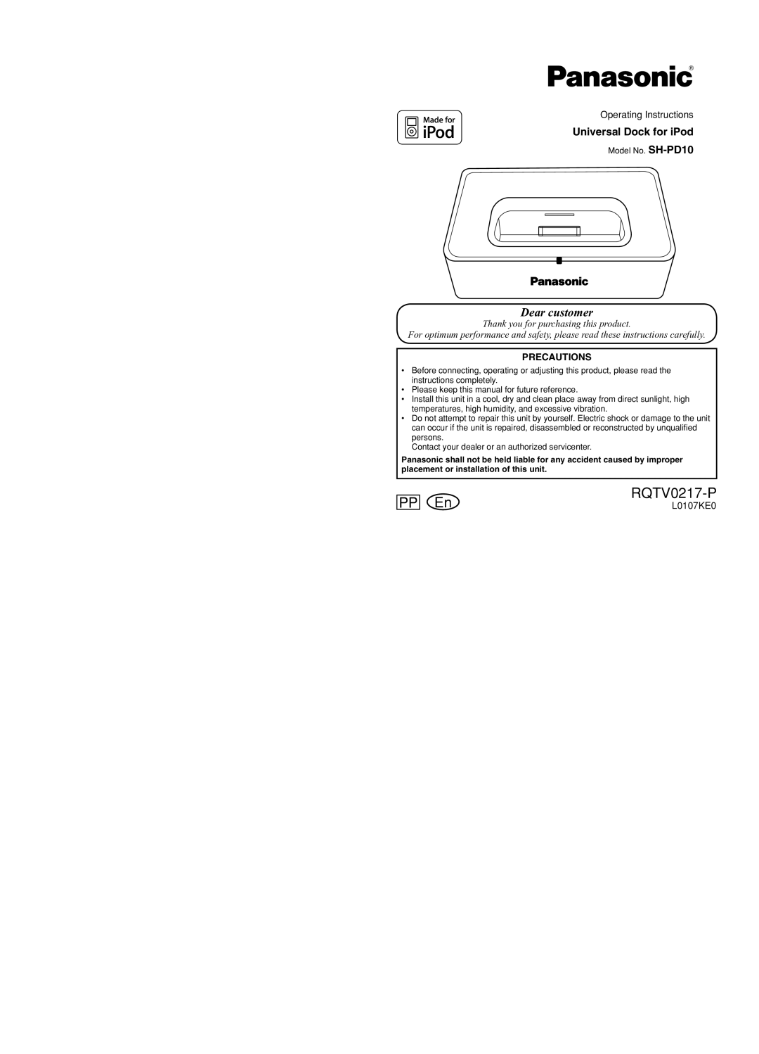 Panasonic SH-PD10 warranty PP En RQTV0217-P 