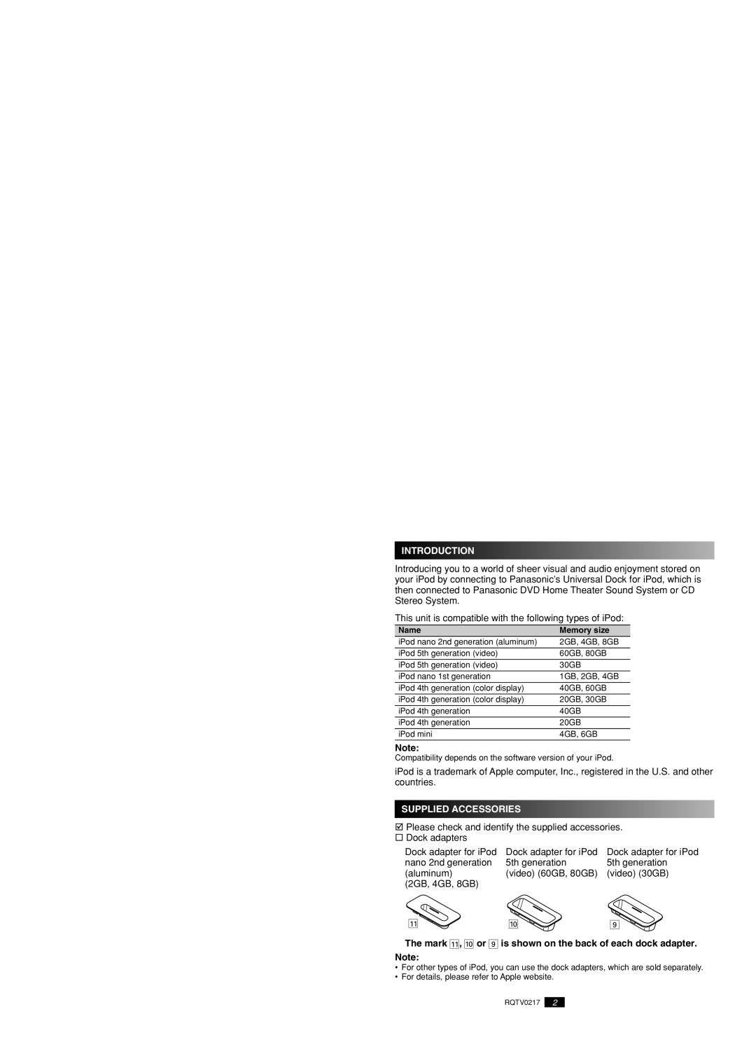 Panasonic SH-PD10 warranty Introduction, Supplied Accessories, Mark !, 0 or 9 is shown on the back of each dock adapter 