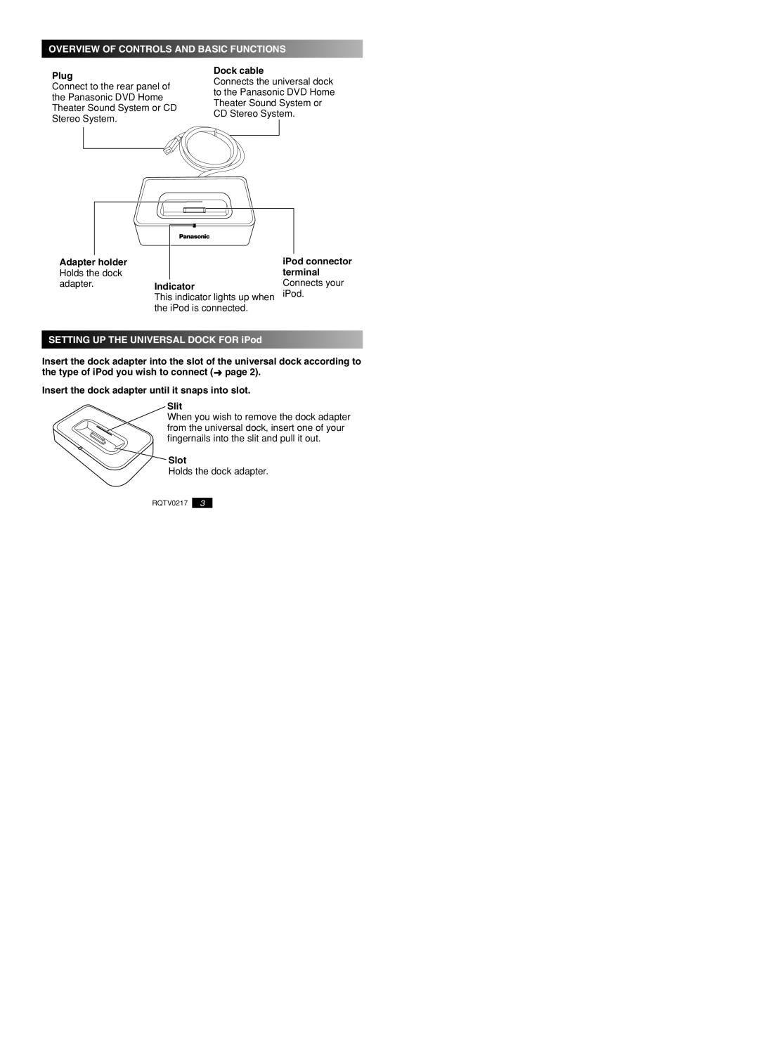 Panasonic SH-PD10 warranty Overview of Controls and Basic Functions, Setting UP the Universal Dock for iPod 