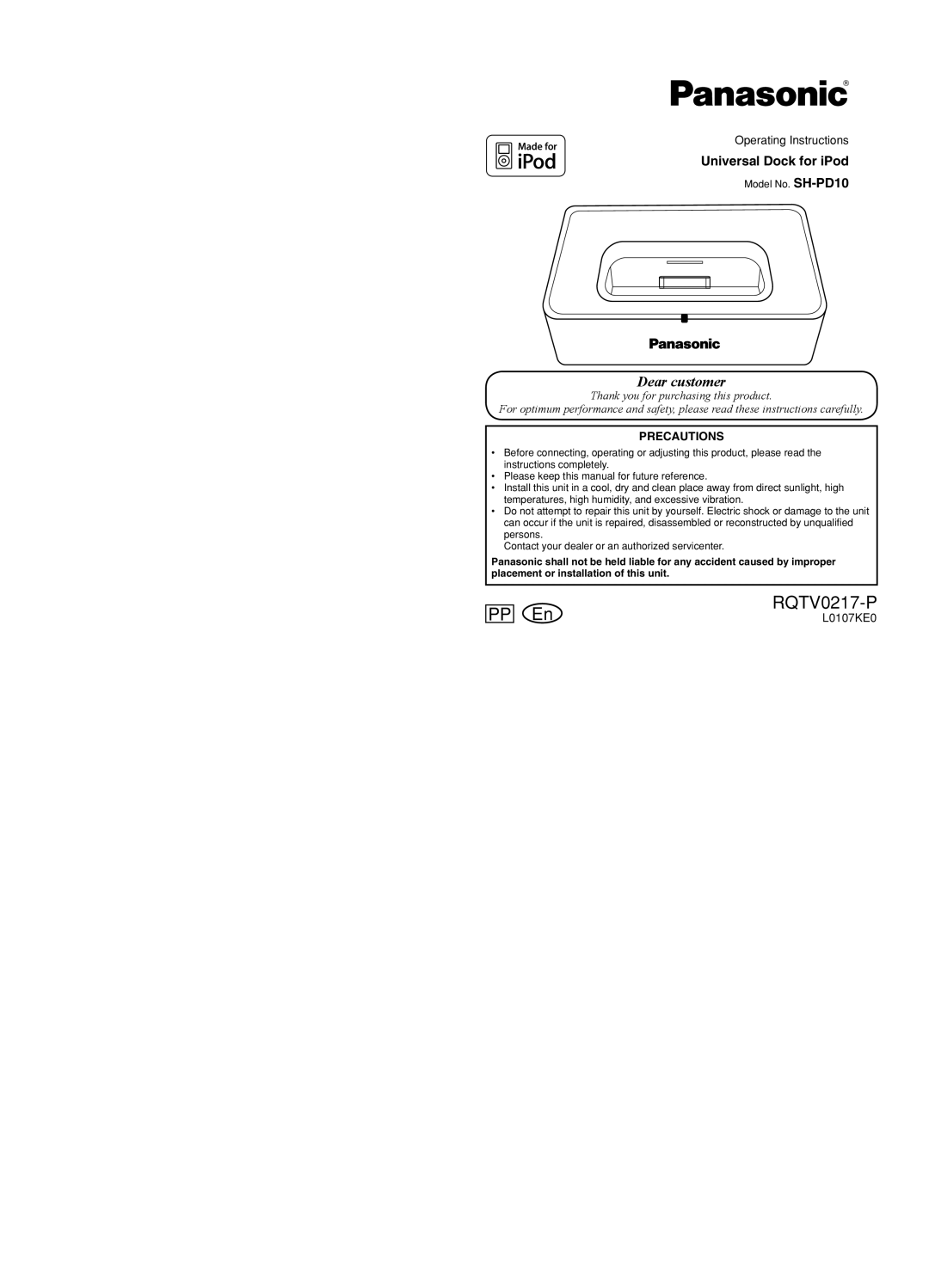 Panasonic SH-PD10 warranty Precautions, PP En, RQTV0217-P, Dear customer, Universal Dock for iPod 