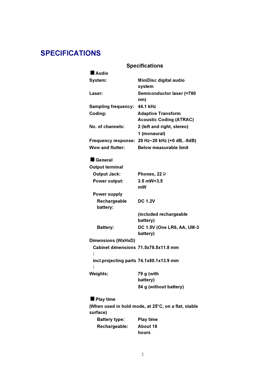 Panasonic SJ-MJ88 manual Specifications 