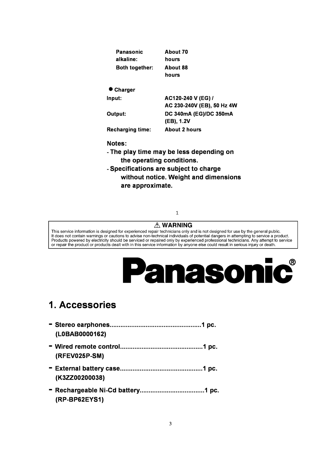 Panasonic SJ-MJ88 manual Accessories 