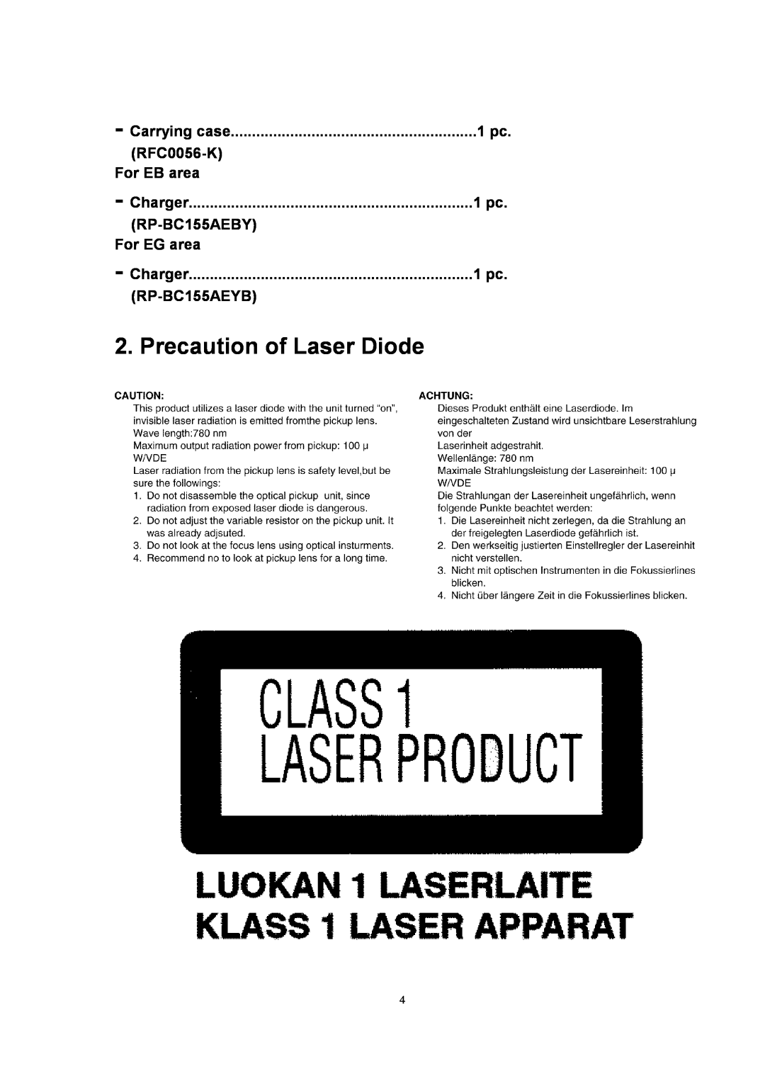 Panasonic SJ-MJ88 manual Precaution of Laser Diode 