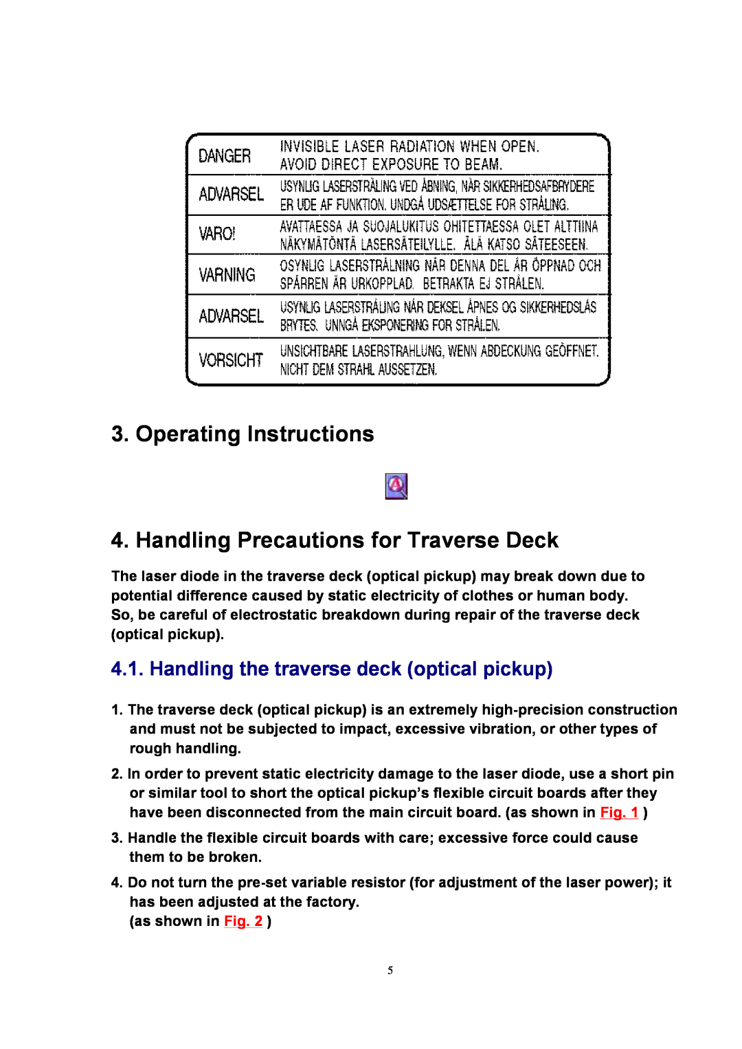 Panasonic SJ-MJ88 manual Operating Instructions, Handling Precautions for Traverse Deck 