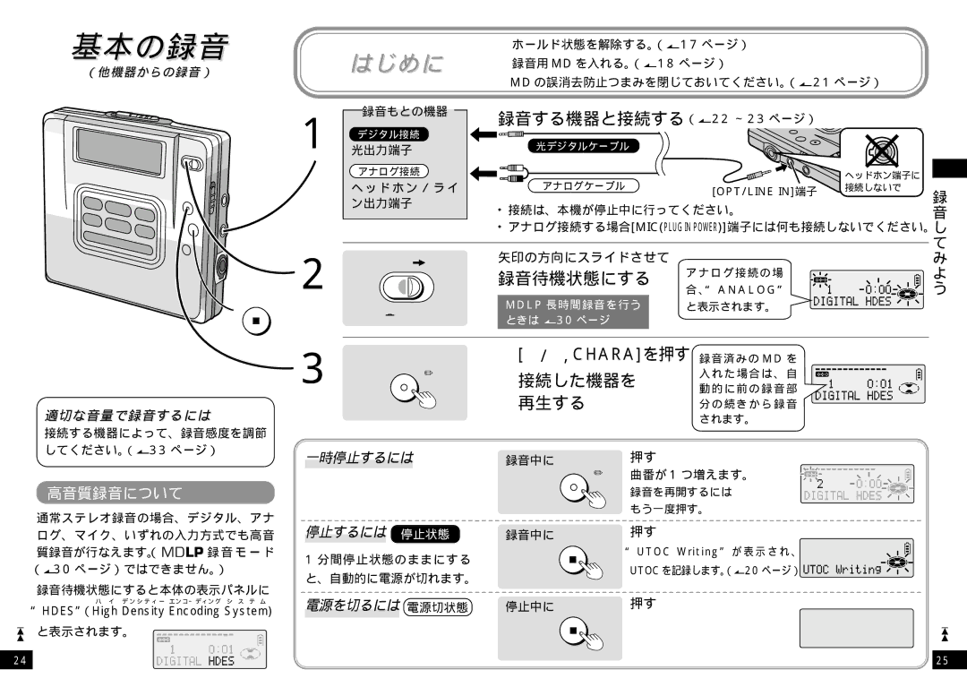 Panasonic SJ-MR220 manual 基本の録音, 高音質録音について, 矢印の方向にスライドさせて 