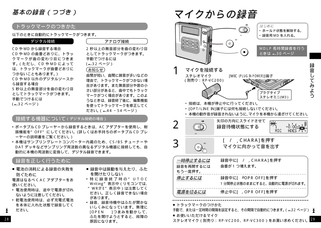 Panasonic SJ-MR220 manual マイクからの録録音音, トラックマークのつきかた, 録音を正しく行うために, マイクを接続する, マイクに向かって音を出す 