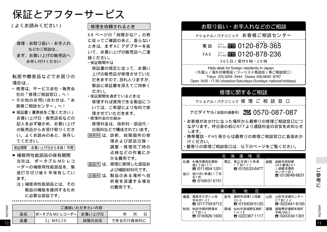 Panasonic SJ-MR220 manual （よくお読みください）, 転居や贈答品などでお困りの 場合は…, 補修用性能部品の保有期間 修理を依頼されるとき, ナショナル／パナソニック修 理 ご 相 談 窓 口 