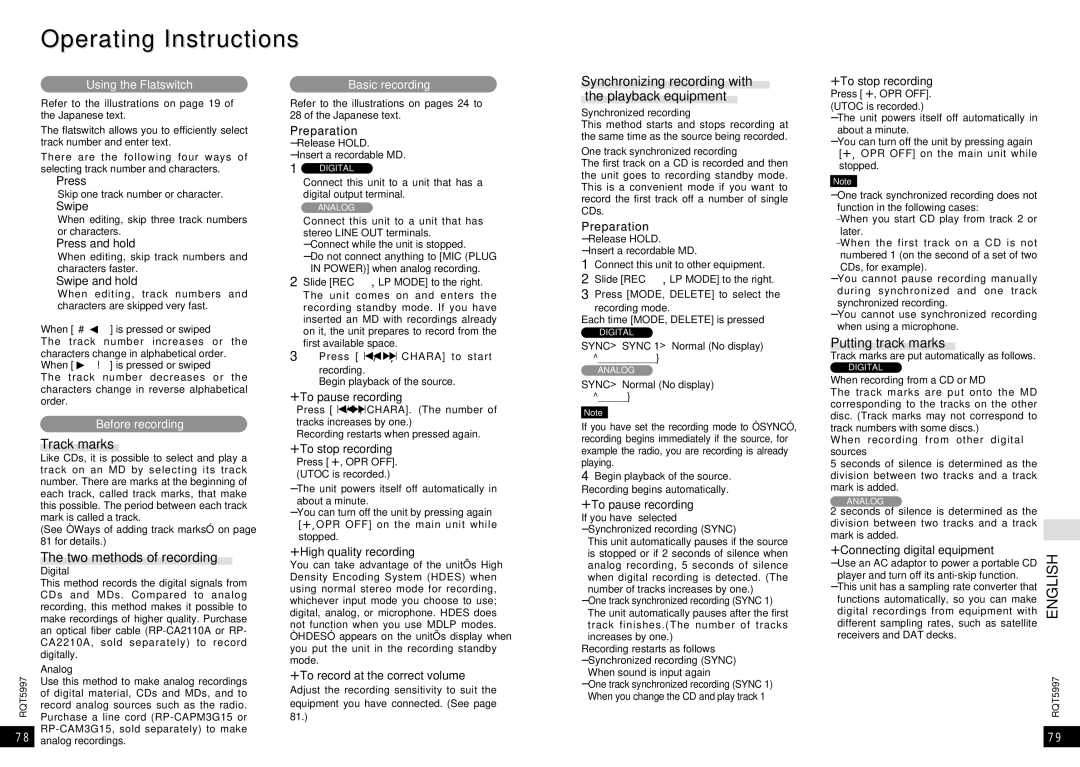 Panasonic SJ-MR220 manual Track marks, Two methods of recording, Synchronizing recording with the playback equipment 