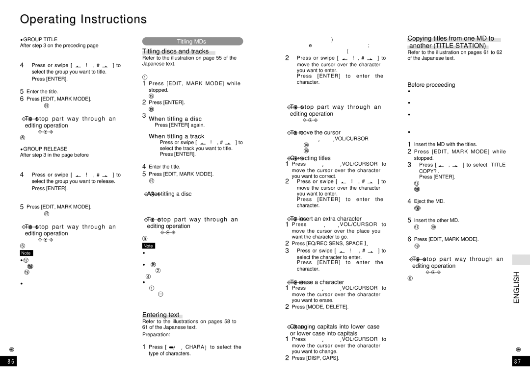 Panasonic SJ-MR220 manual Titling discs and tracks, Entering text, Copying titles from one MD to another Title Station 