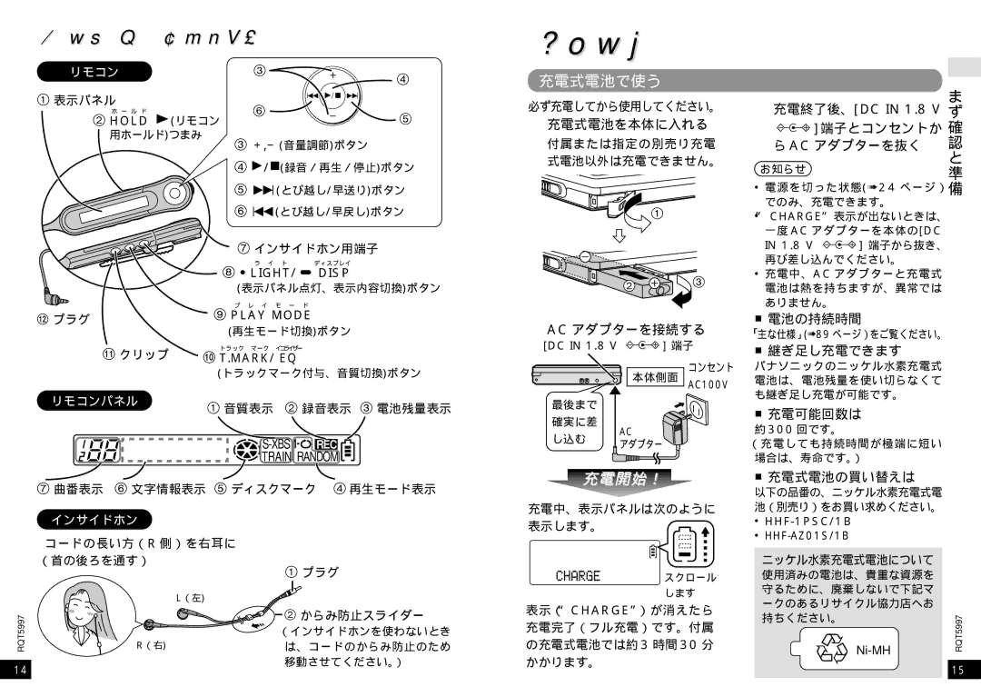 Panasonic SJ-MR220 manual 電源の準備, 各部のなまえ（つづき）, 充電式電池で使う 