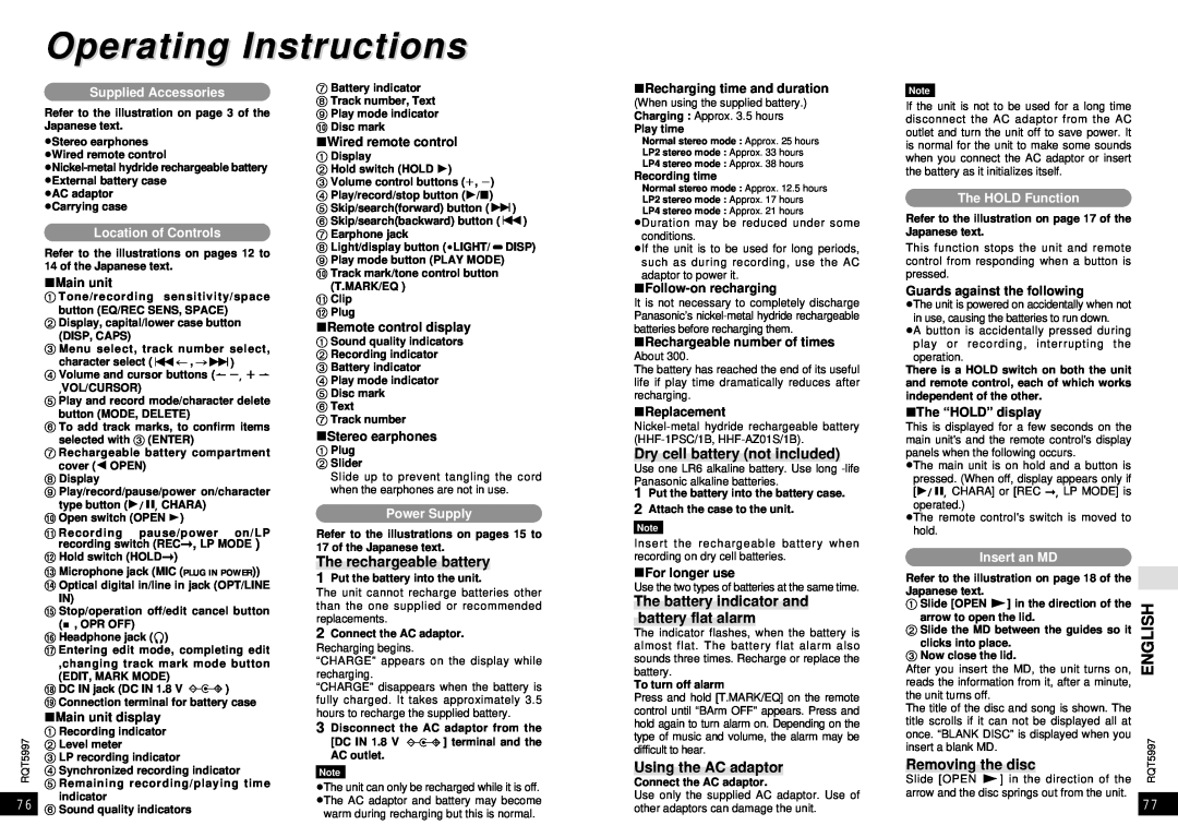 Panasonic SJ-MR220 Operating Instructions, The rechargeable battery, Dry cell battery not included, Using the AC adaptor 