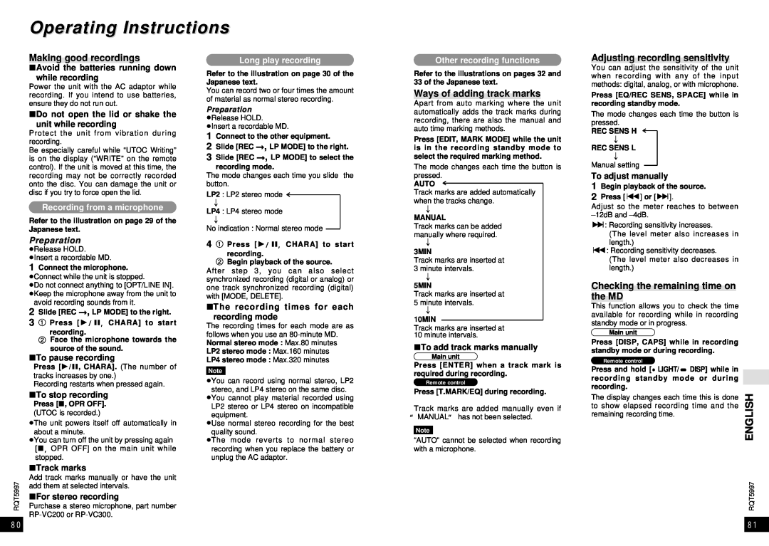 Panasonic SJ-MR220 Operating Instructions, Making good recordings, Ways of adding track marks, Recording from a microphone 