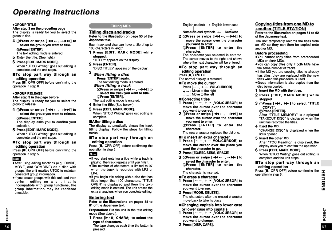 Panasonic SJ-MR220 Operating Instructions, Titling discs and tracks, Entering text, Titling MDs, 3When titling a disc 