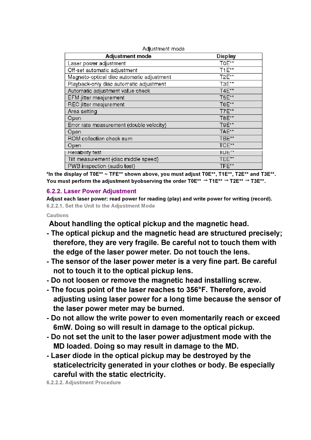 Panasonic SJ-MR230DGK specifications About handling the optical pickup and the magnetic head 