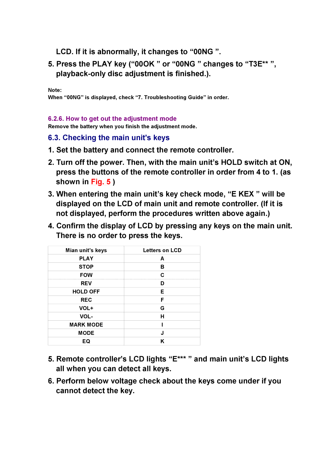 Panasonic SJ-MR230DGK specifications Checking the main units keys, Play Stop FOW REV Hold OFF REC VOL+ Mark Mode 