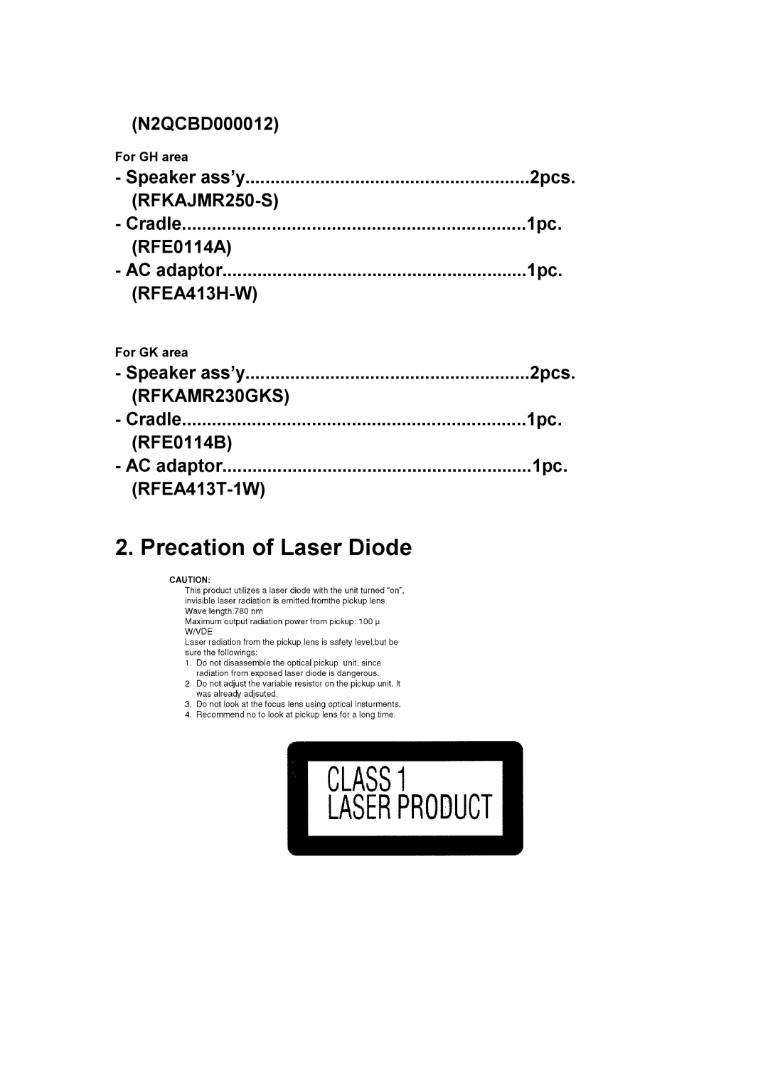 Panasonic SJ-MR230DGK specifications Precation of Laser Diode 