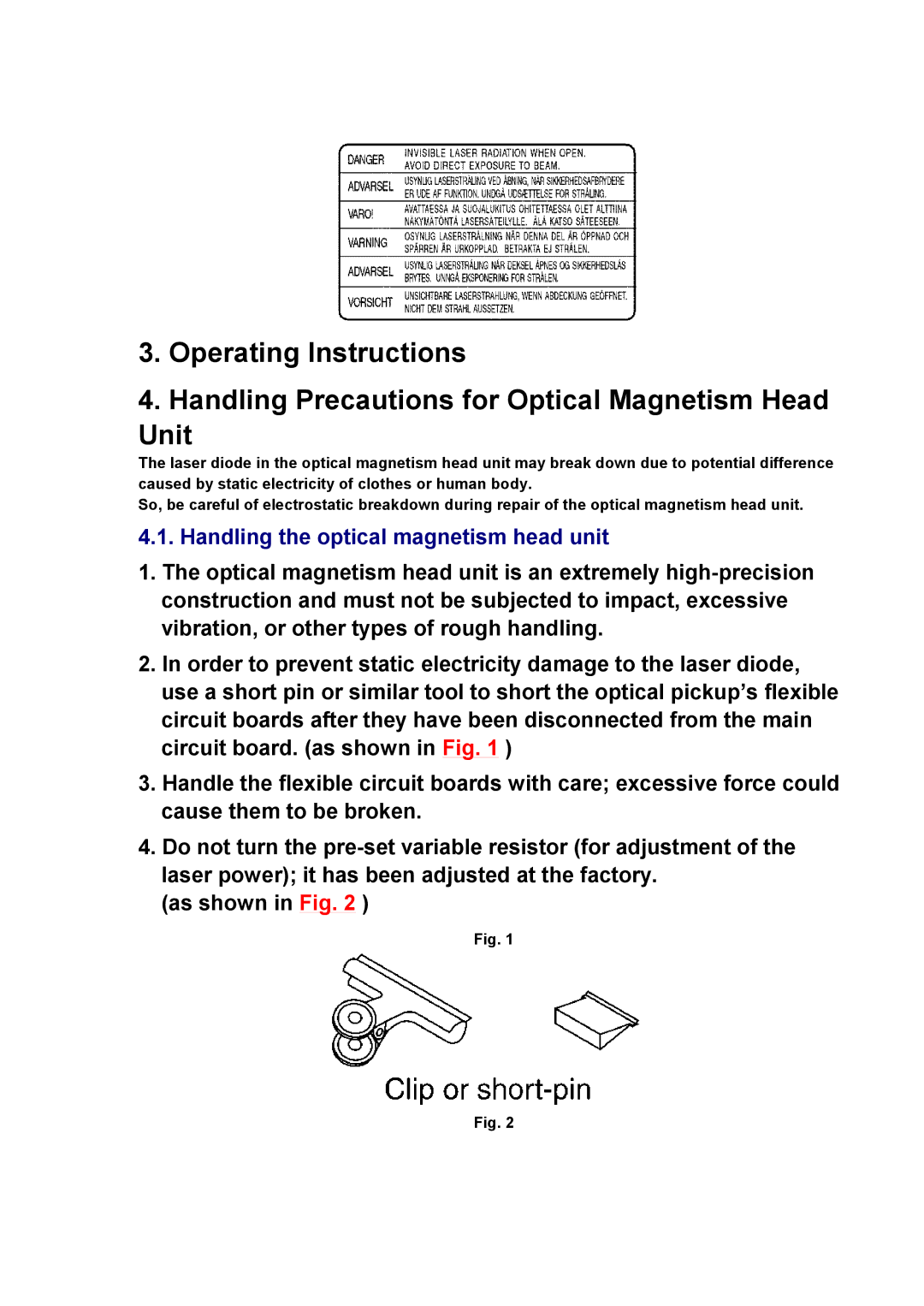 Panasonic SJ-MR230DGK specifications Handling the optical magnetism head unit 