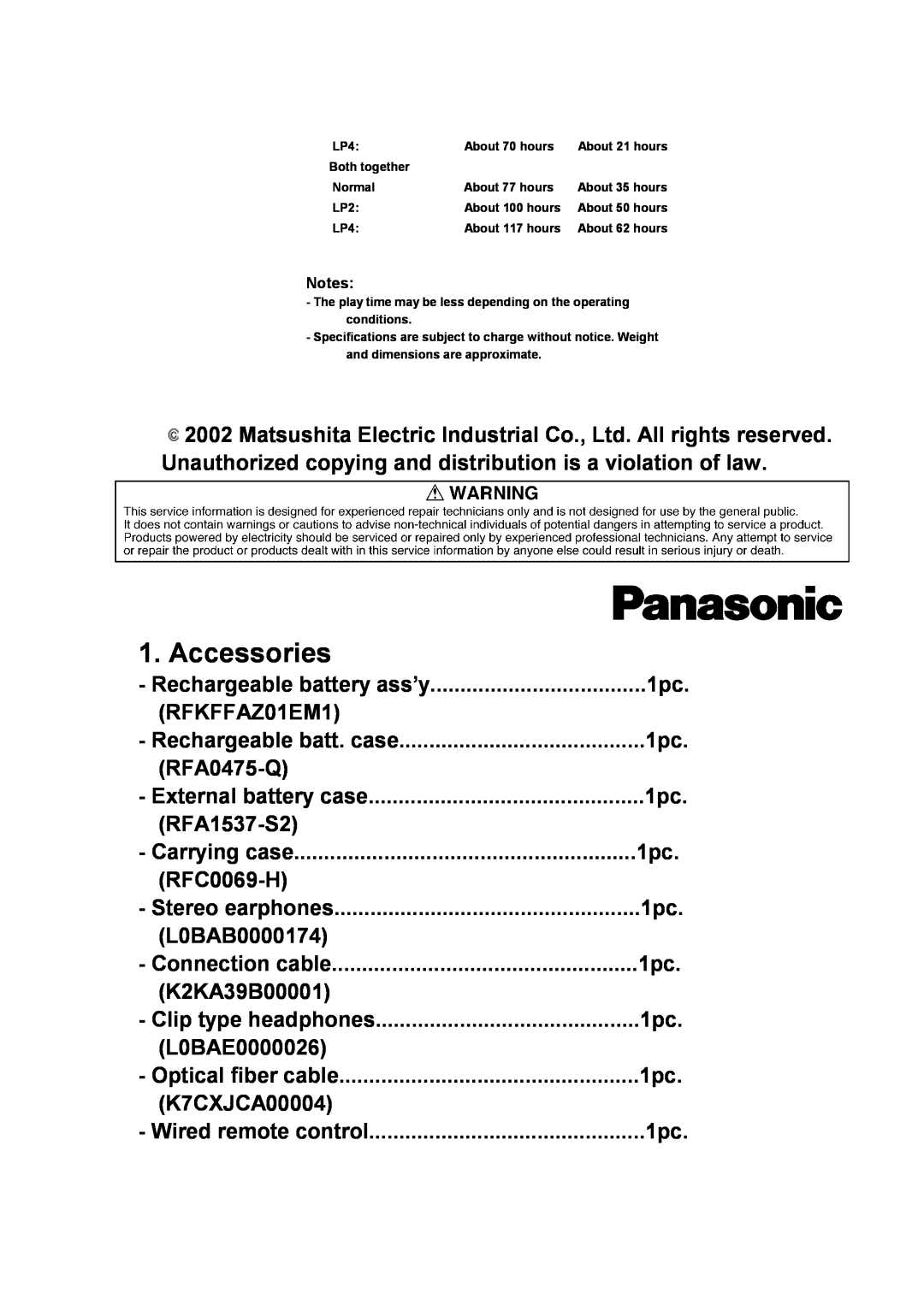 Panasonic SJ-MR230DGK specifications Accessories 