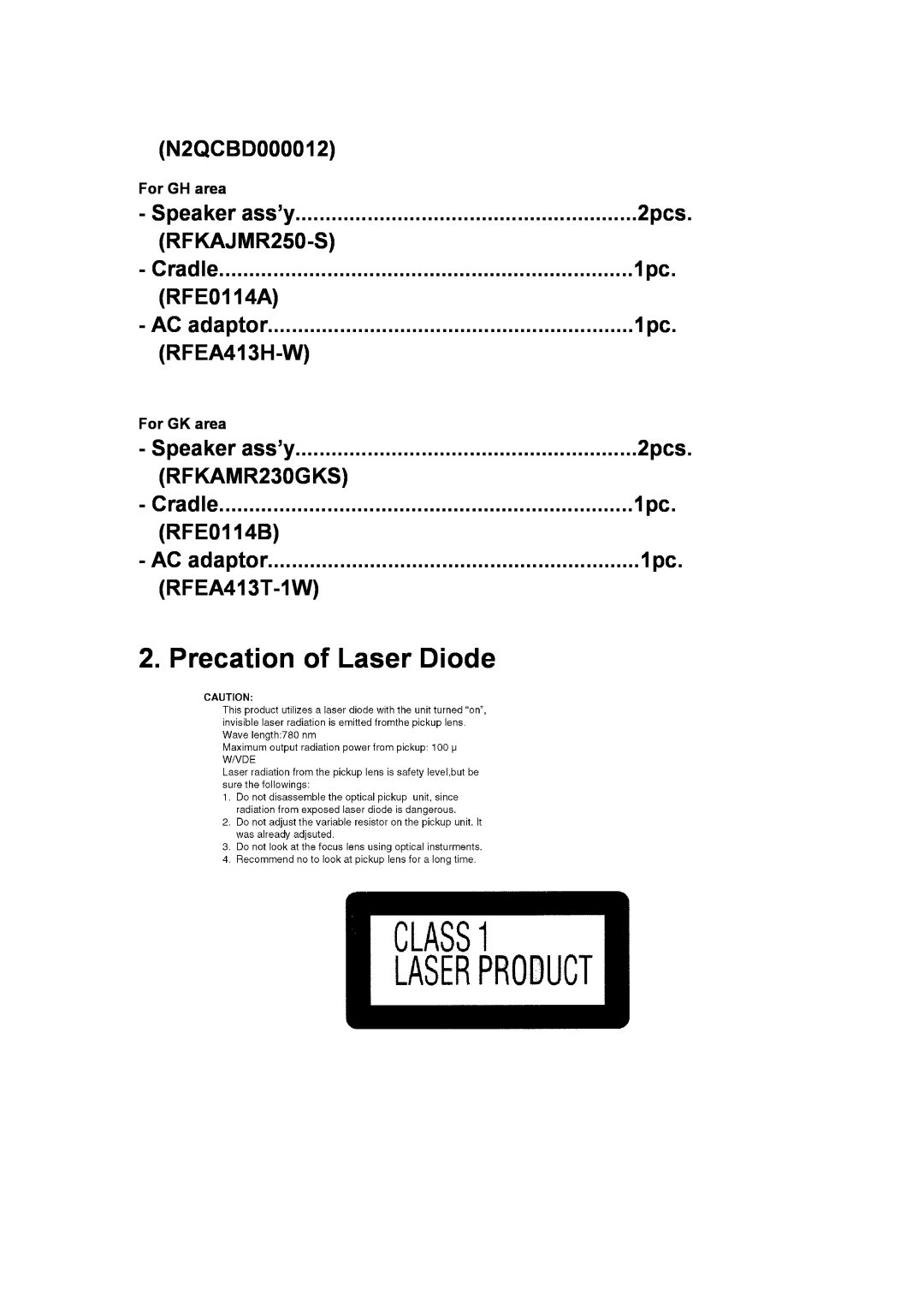 Panasonic SJ-MR230DGK specifications Precation of Laser Diode 