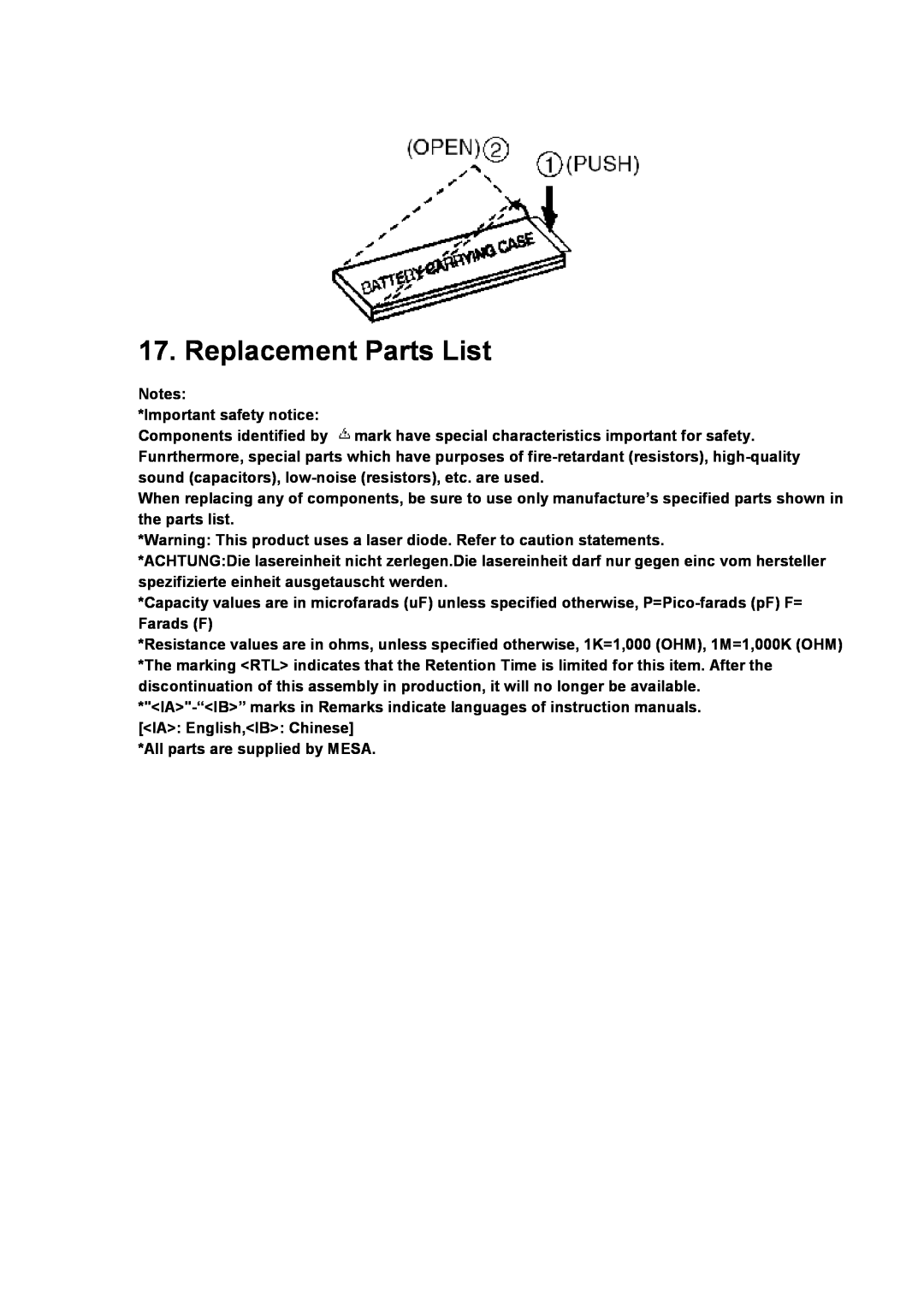 Panasonic SJ-MR230DGK specifications Replacement Parts List 