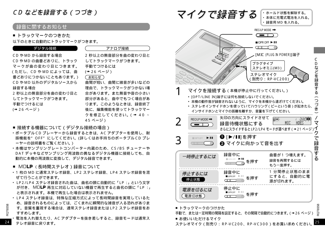 Panasonic SJ-MR250 manual マイクで録音する, 録音に関するお知らせ, マイクに向かって音を出す, トラックマークのつきかた, 接続する機器について（デジタル接続の場合） 