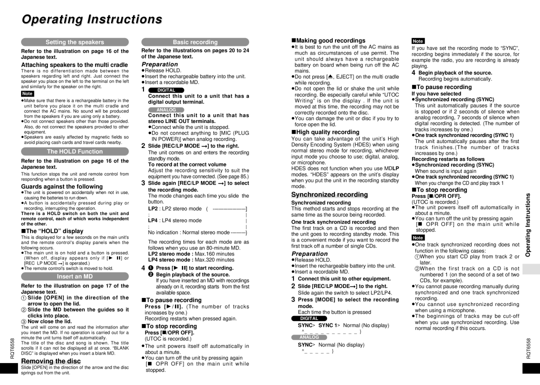 Panasonic SJ-MR250 manual Removing the disc, Synchronized recording 