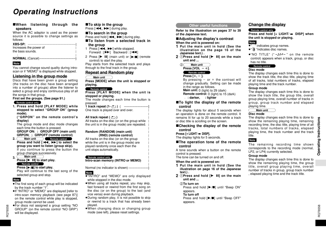 Panasonic SJ-MR250 manual Listening in the group mode, Repeat and Random play, Change the display 