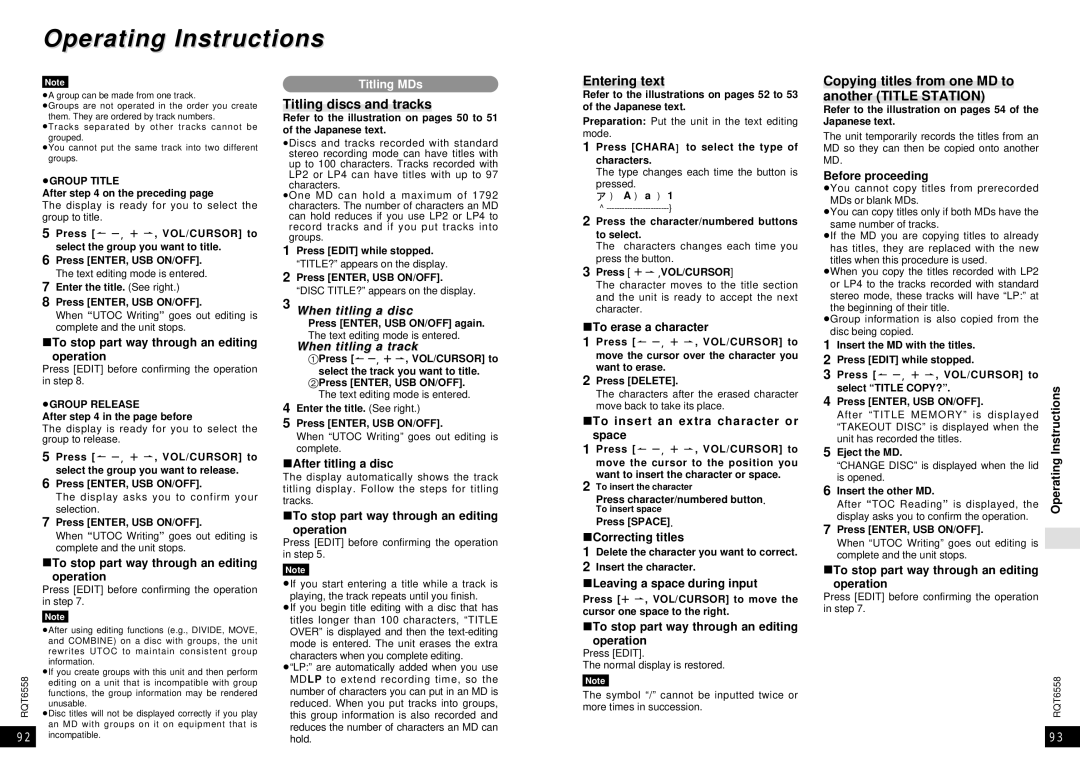 Panasonic SJ-MR250 manual Titling discs and tracks, Entering text, Copying titles from one MD to another Title Station 