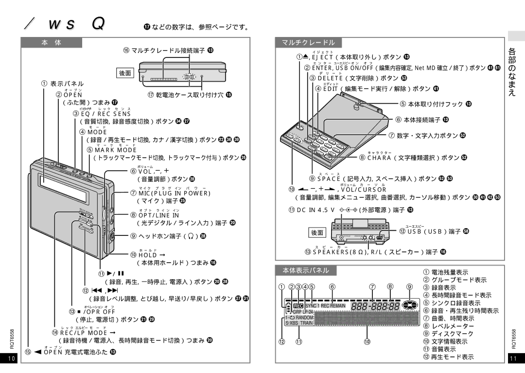 Panasonic SJ-MR250 manual 各部のなまえ, などの数字は、参照ページです。, マルチクレードル, 本体表示パネル 