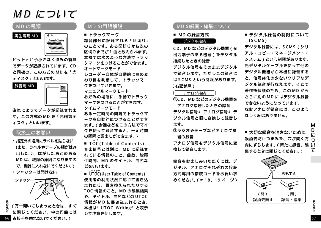 Panasonic SJ-MR250 manual Md について, 取扱上のお願い, Md の用語解説, Md の種類, Md の録音・編集について, TOCTable of Contents, Scms 