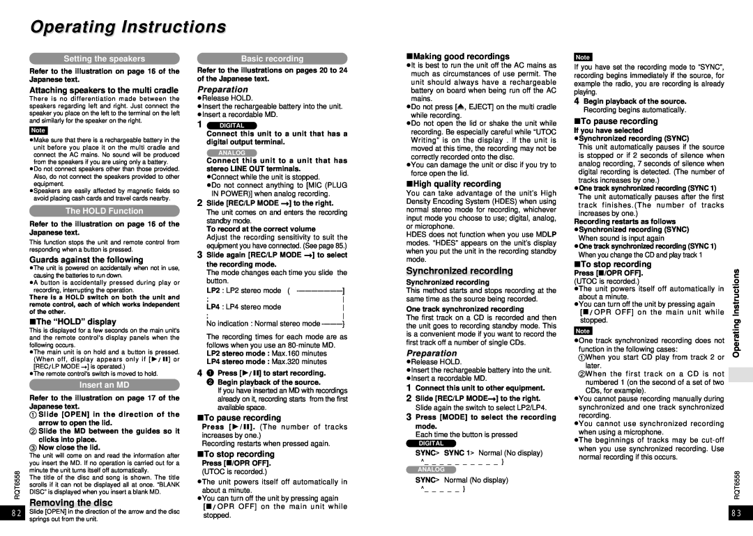 Panasonic SJ-MR250 Operating Instructions, Removing the disc, Synchronized recording, Setting the speakers, Insert an MD 