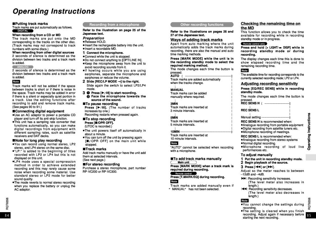 Panasonic SJ-MR250 Operating Instructions, Ways of adding track marks, Checking the remaining time on the MD, Preparation 