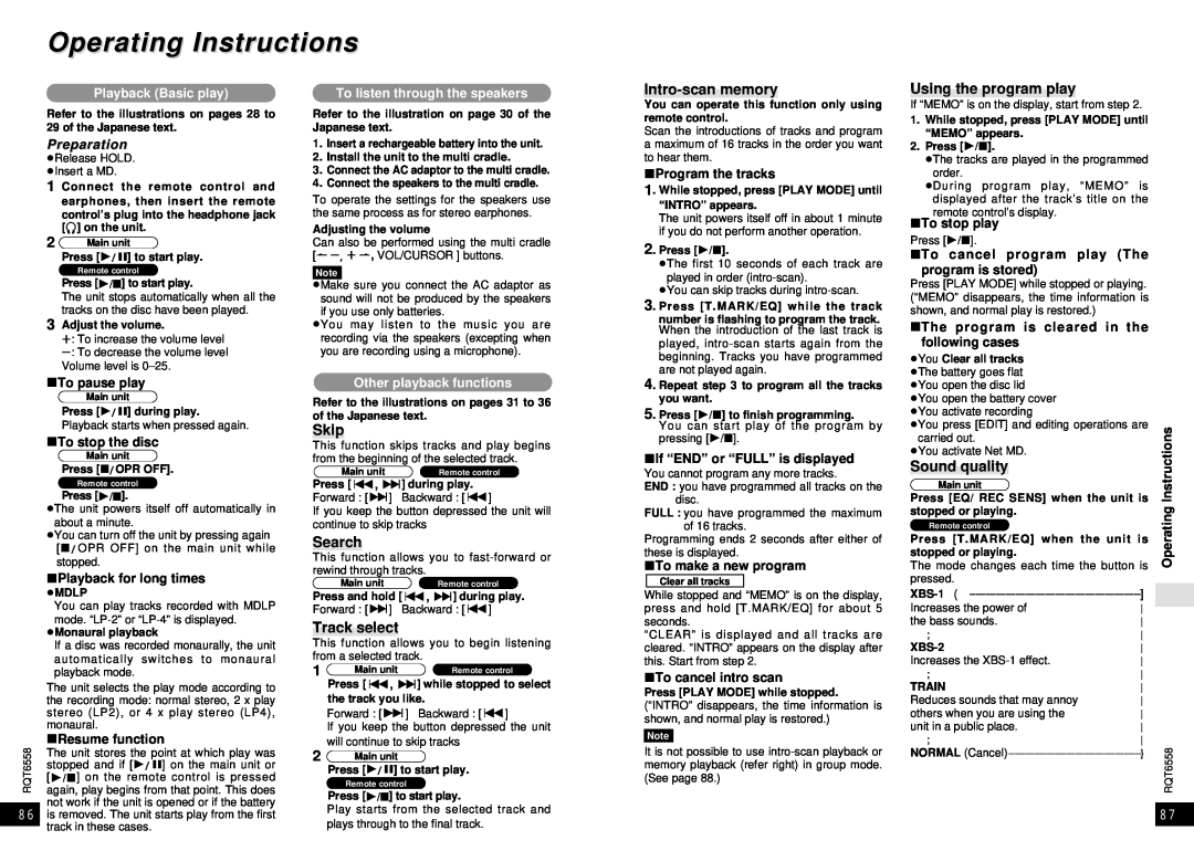 Panasonic SJ-MR250 manual Operating Instructions, Intro-scanmemory, Using the program play, Skip, Search, Track select 
